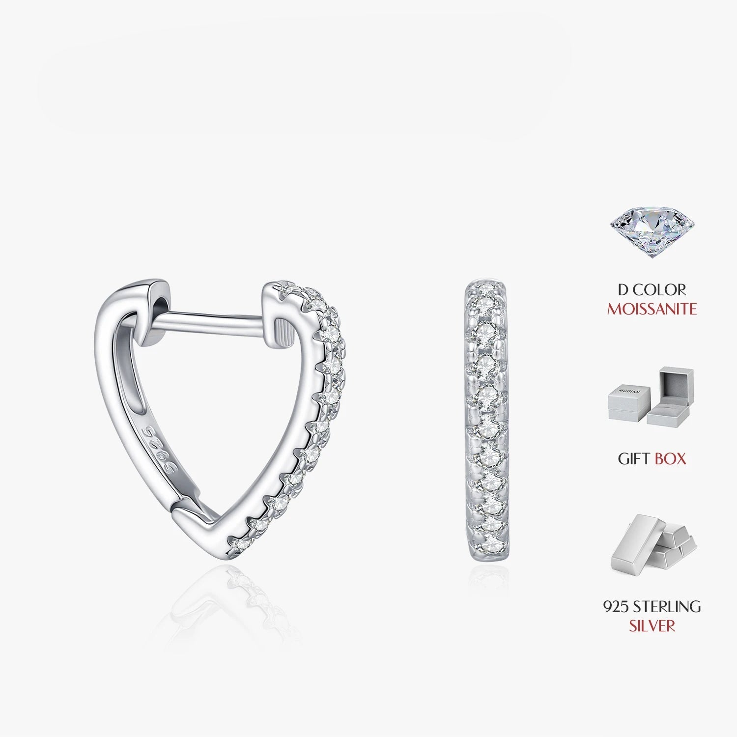 Fine sterling silver earrings with heart shaped moissanite