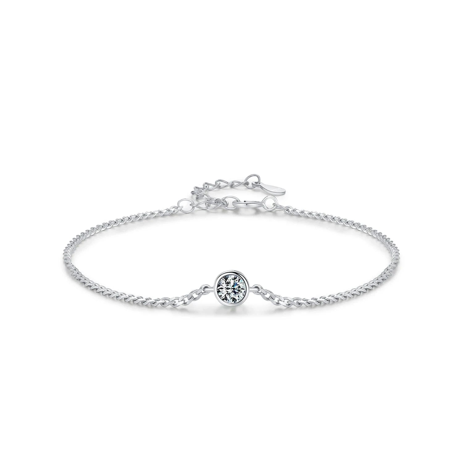 Sterling silver bracelet with moissanite diamond detail in bezel setting