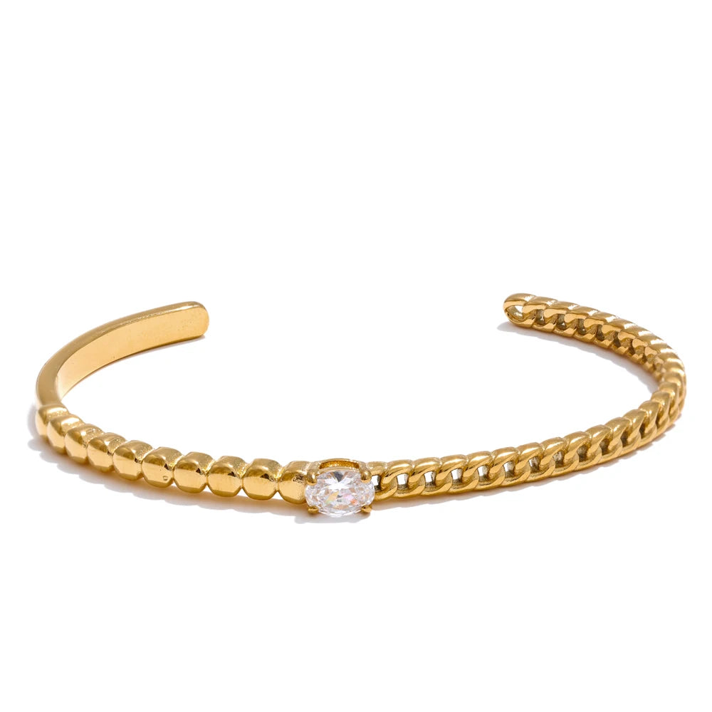 Zircon cuff bracelet with refined bracelet chain detail for a gold cuff look