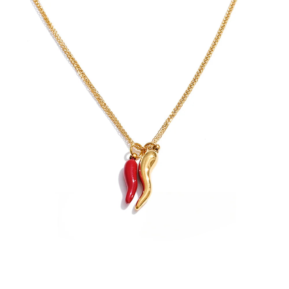 Gold plated red chili enamel pendant necklace in stainless steel