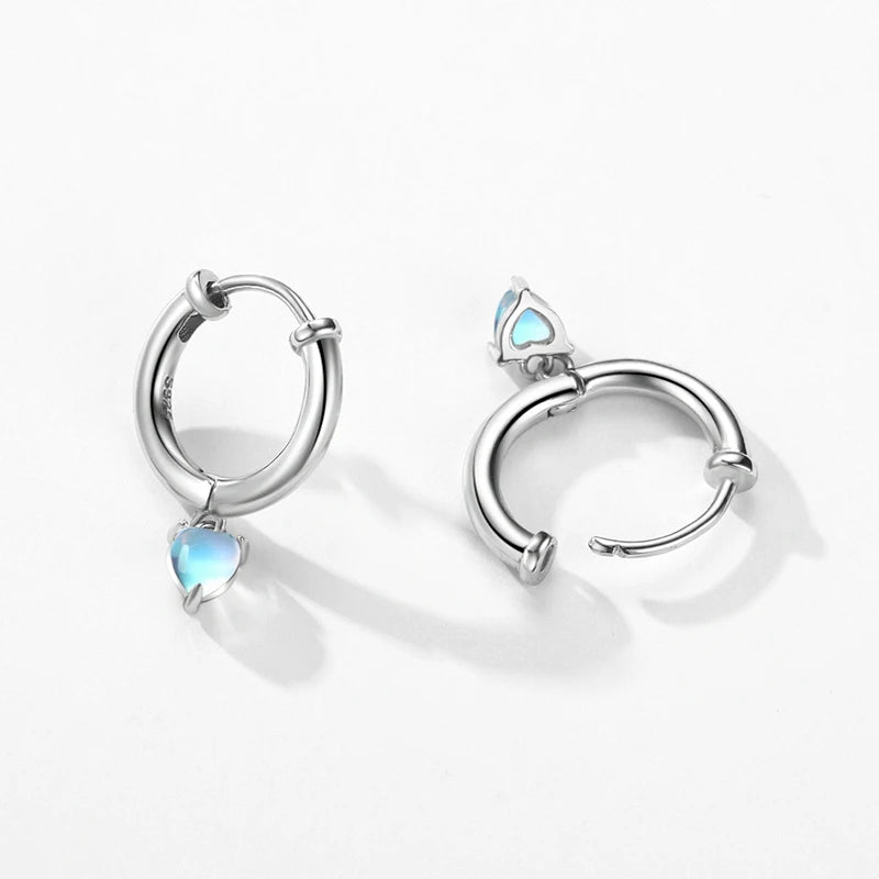 Lightweight sterling silver heart moonstone hoop earrings set