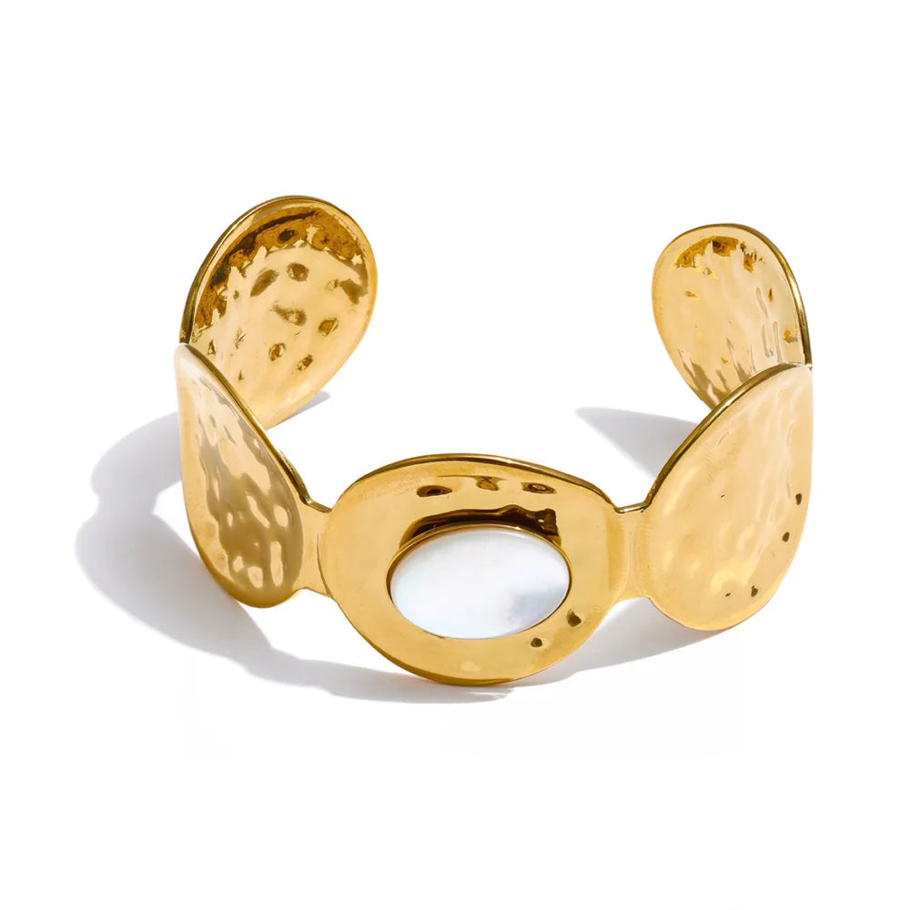 Wide hammered shell texture cuff bracelet in gold plated stainless steel jewelry