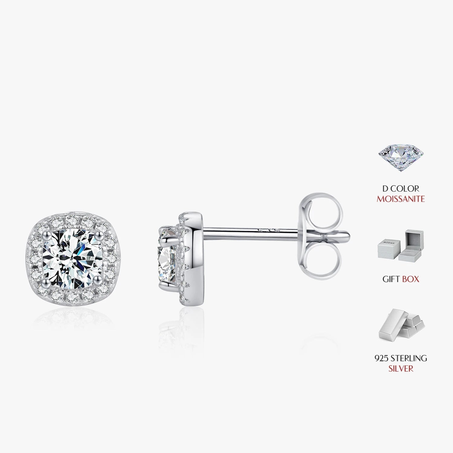 Close up of diamond earrings with bright facets on silver earrings posts