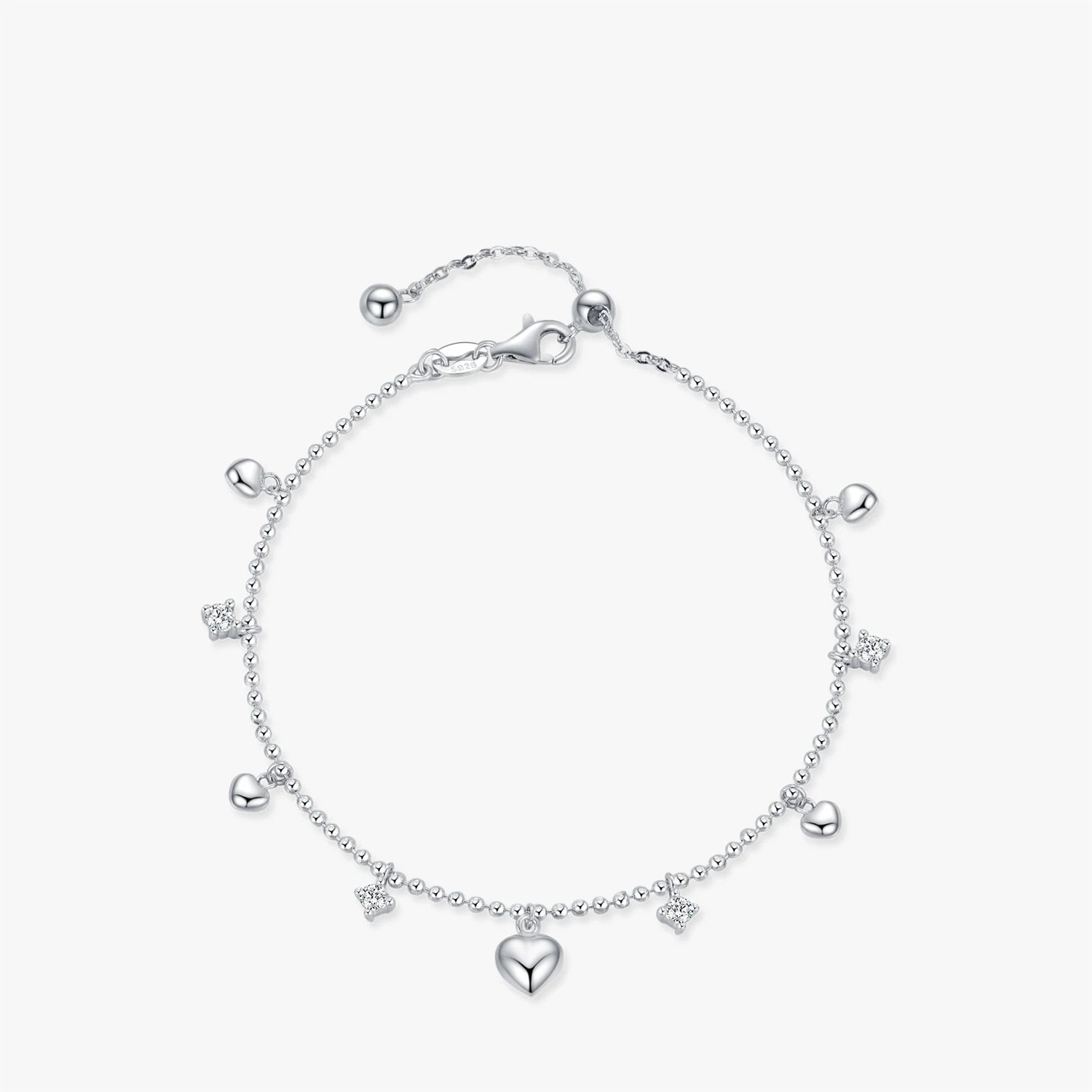 Sterling silver charm bracelet with mirror heart beads