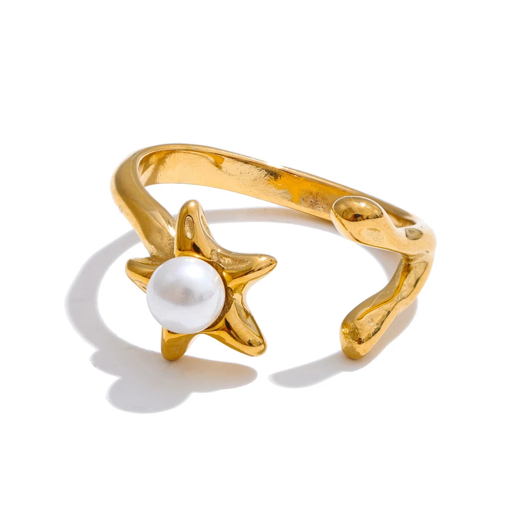 women’s gold plated stainless steel ring simulated pearl flower motif stylish
