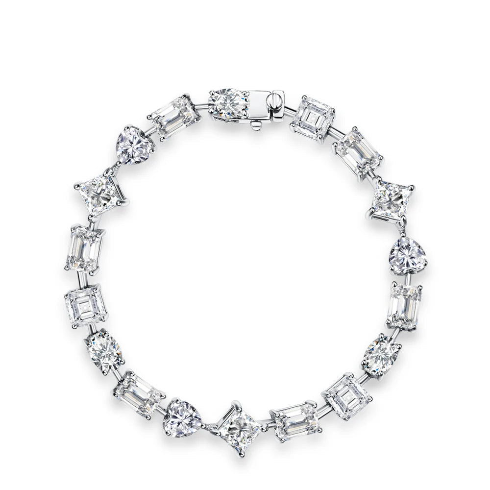 A strand bracelet featuring round and square-shaped Moissanite stones set in 925 sterling silver.
