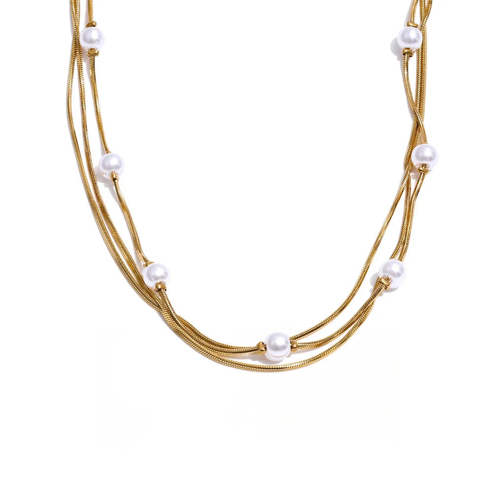 gold plated square chain simulated pearl layered necklace for women