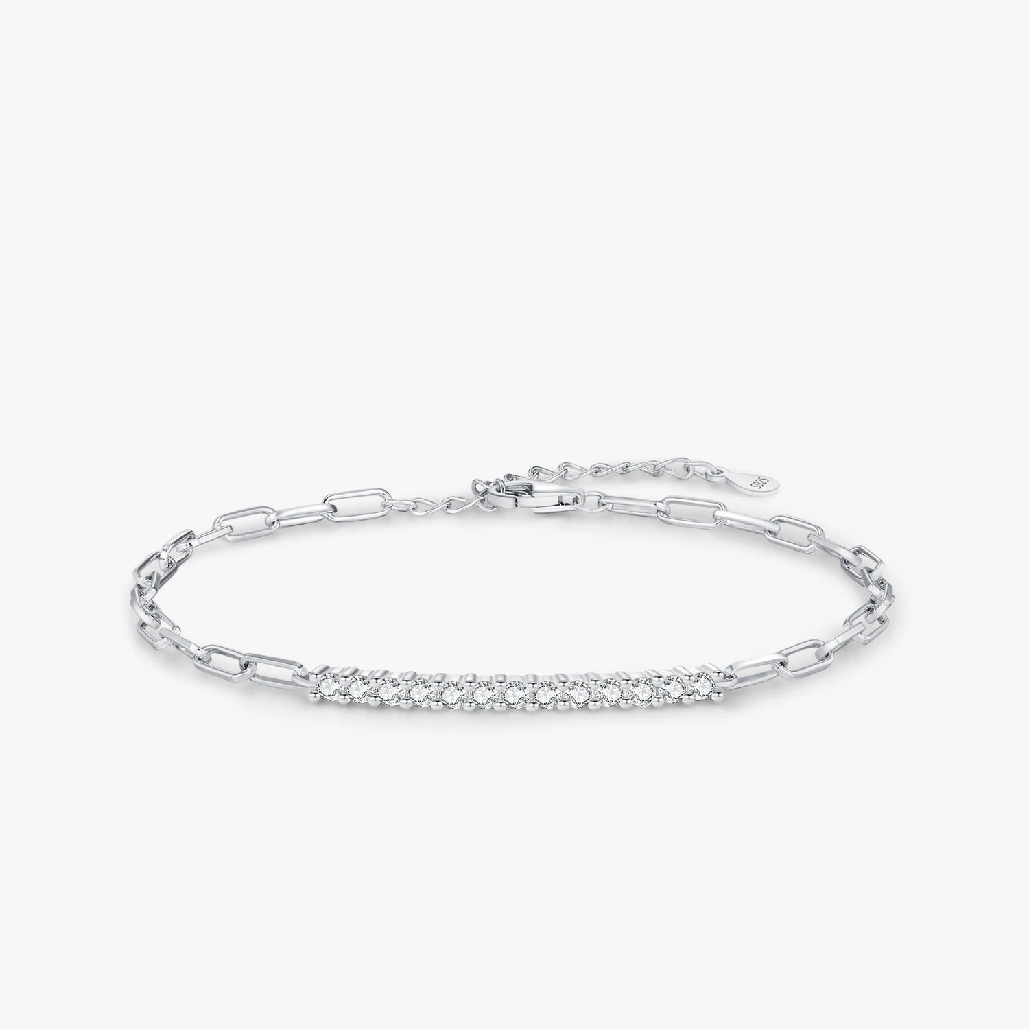 Close up of moissanite diamond bracelet in silver lock design