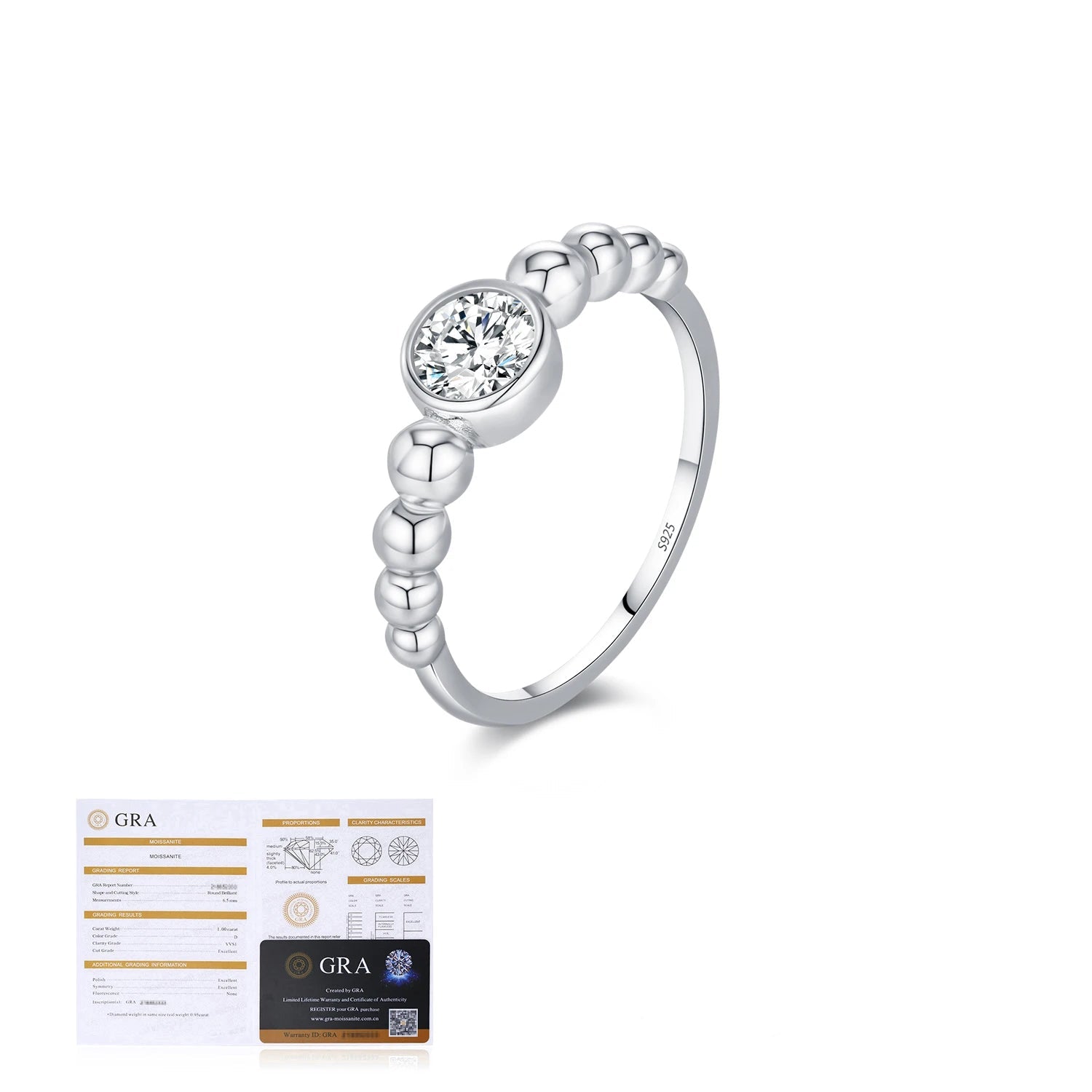 Card display illustrating ring size from ring next to a ring moissanite band
