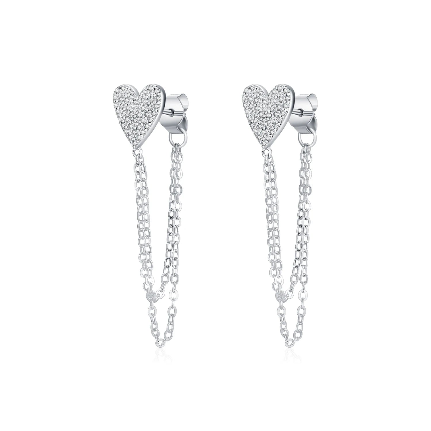 Heart earrings with long chain in 925 sterling silver