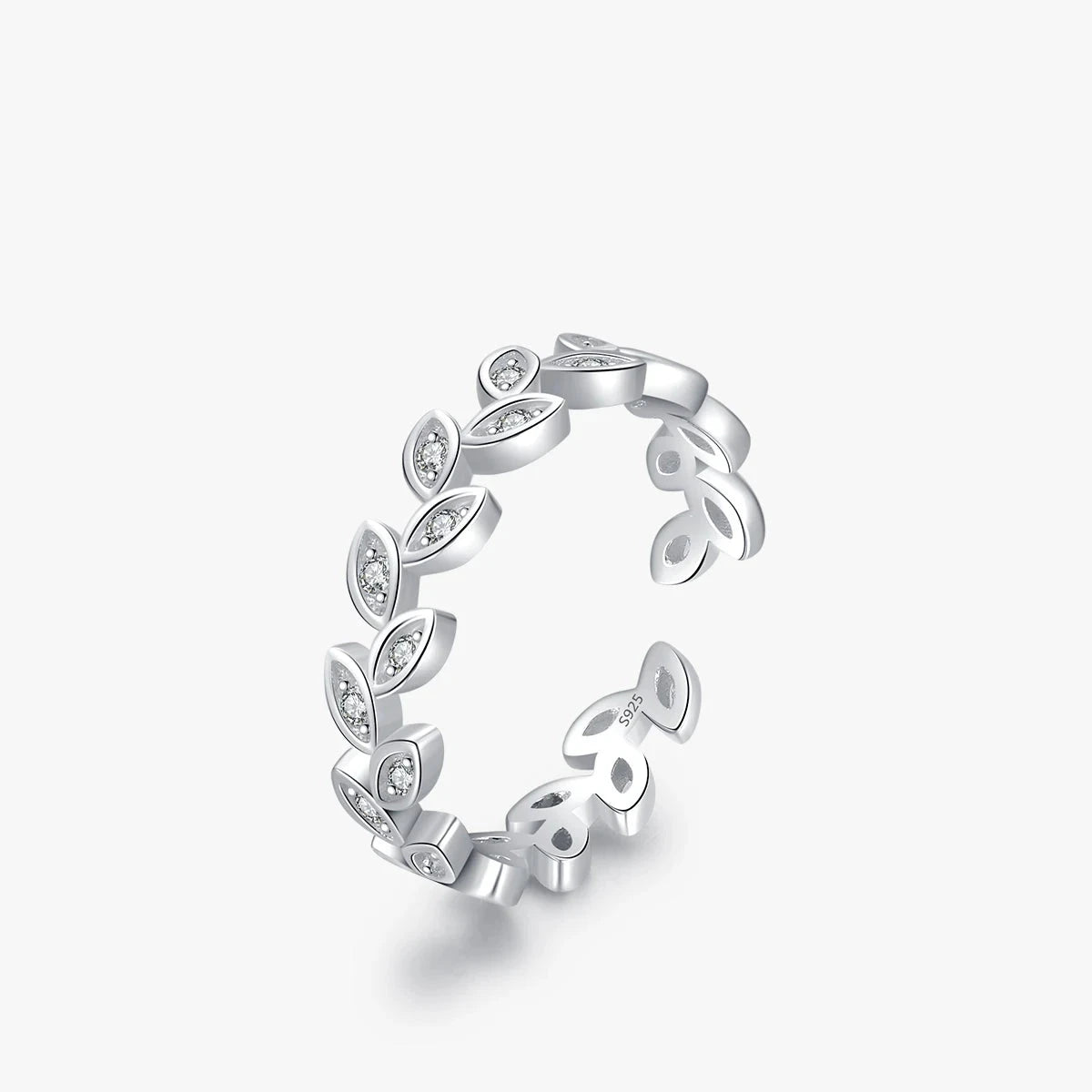 Tree leaf sterling silver ring with a smooth silver ring finish