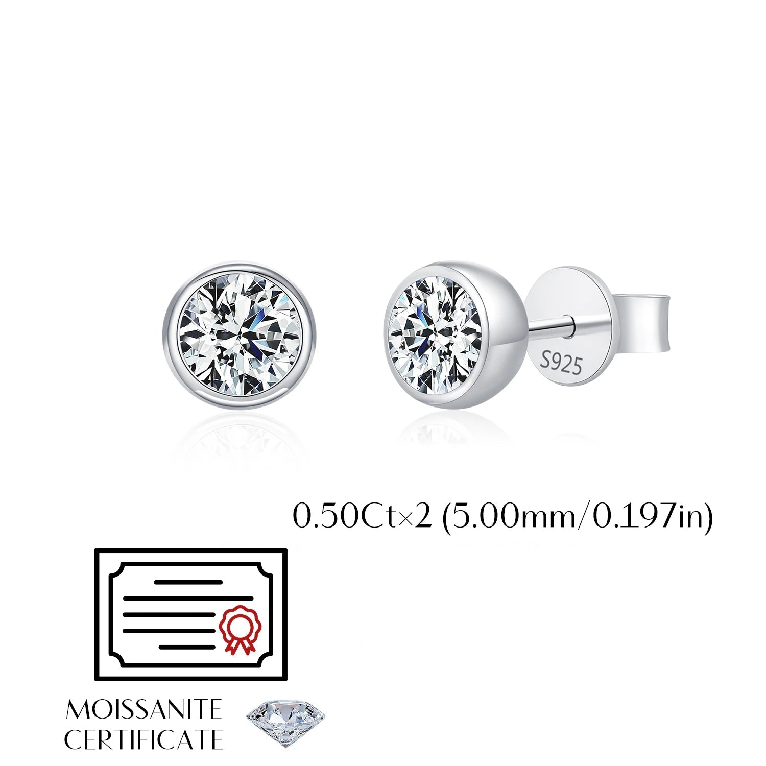 Stud earrings silver with polished finish and moissanite center