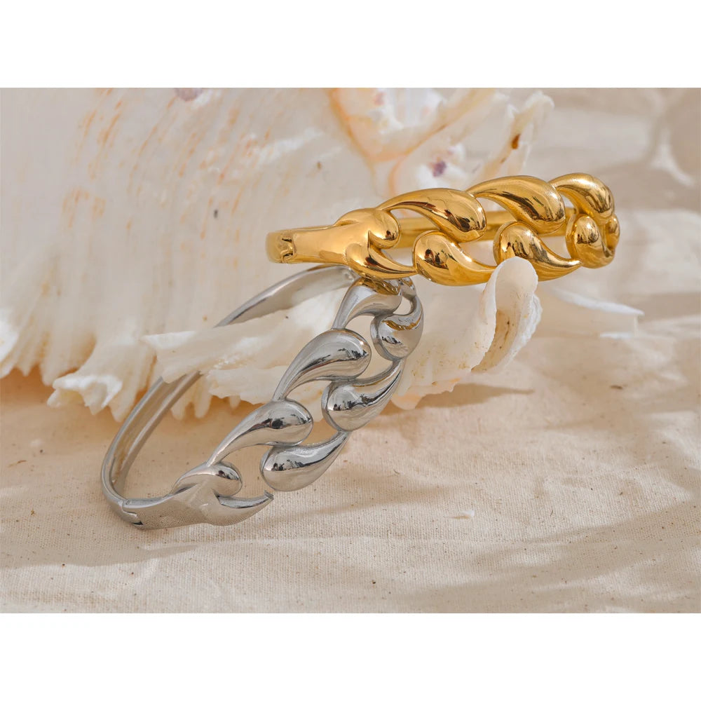 Cuff bangle bracelet hollow water drop gold plated steel