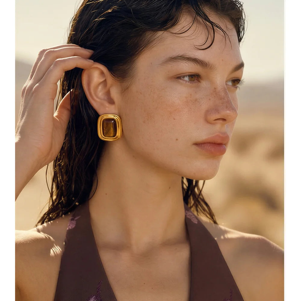 Yhpup Stainless Steel Tiger Stone Square Stud Earrings Waterproof High Quality Temperament Natural Stone Jewelry Cast Technology