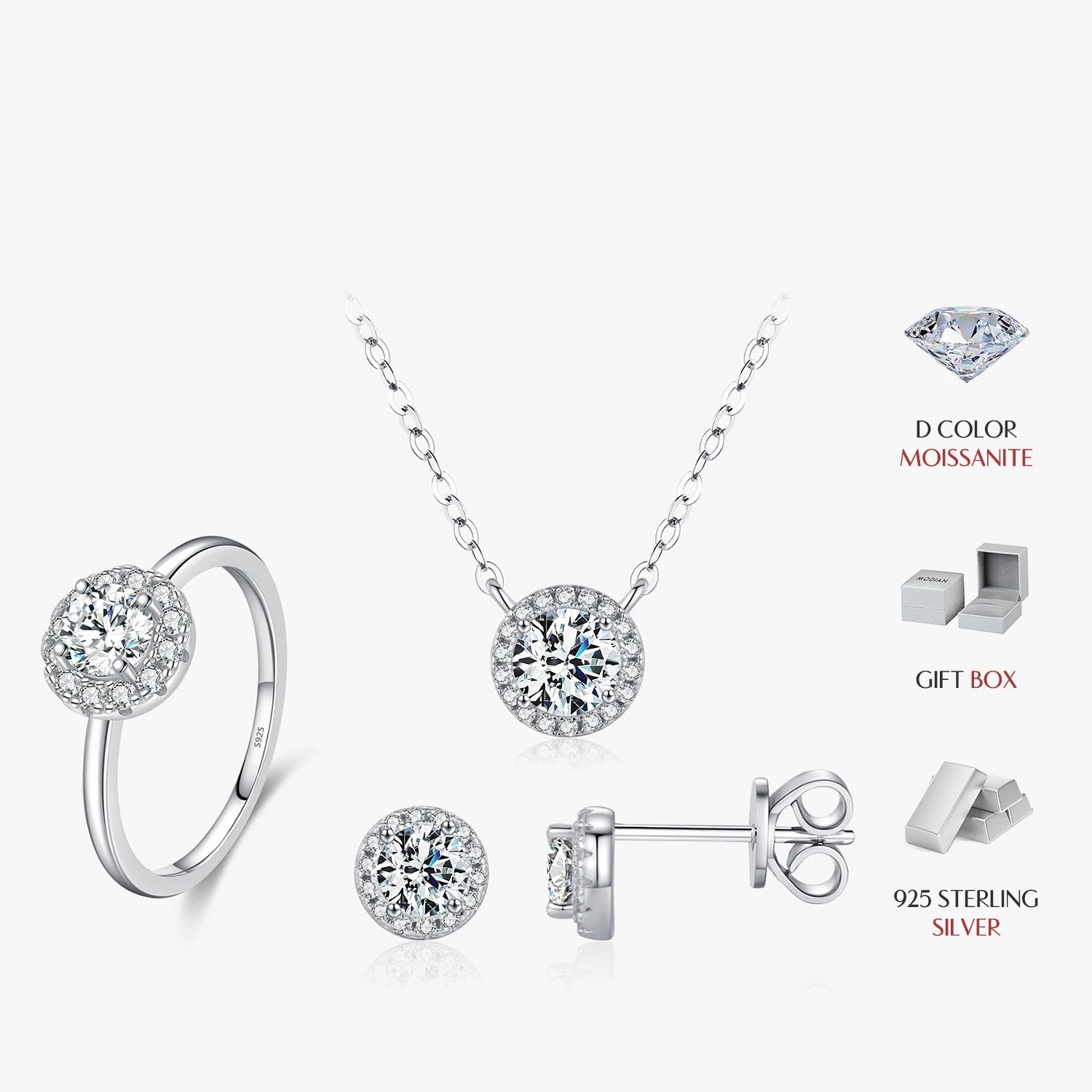 Close up of moissanite ring next to stud earrings and pendant showing bright sparkle
