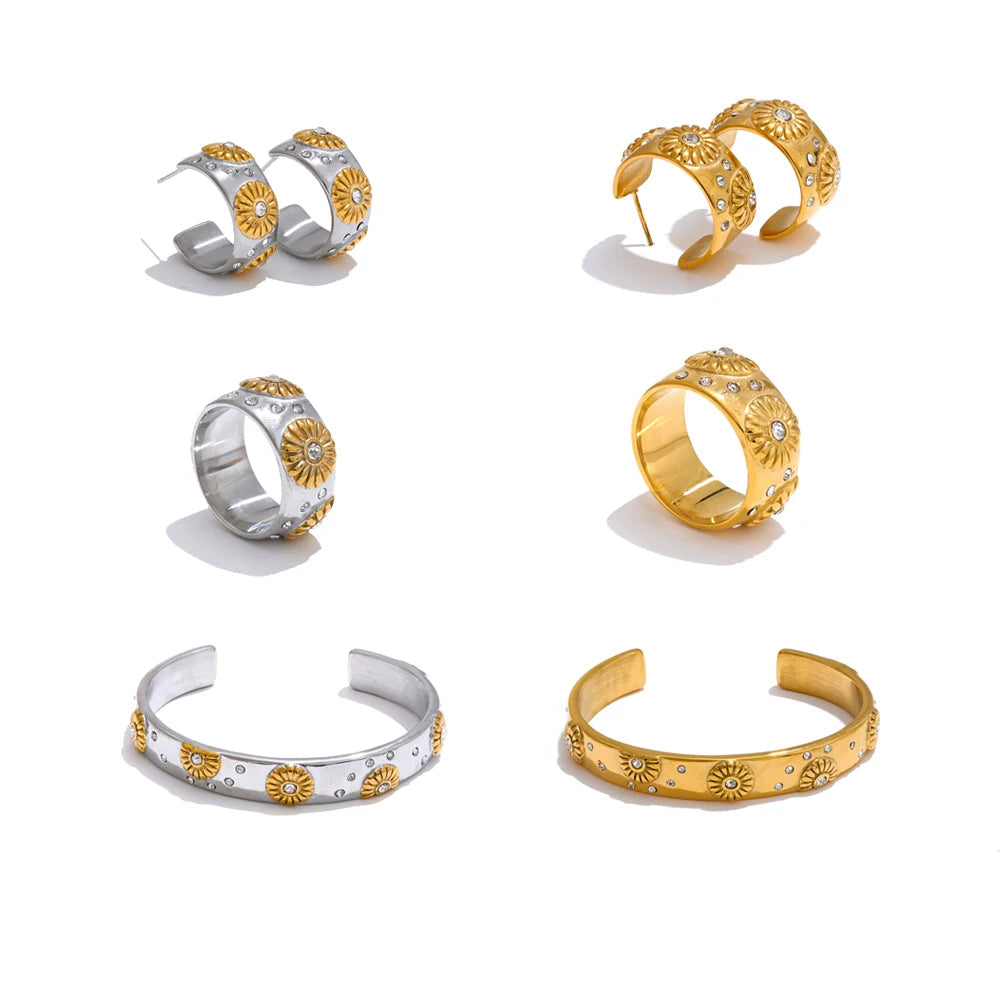 Golden daisy flower earrings bracelet and ring jewelry set