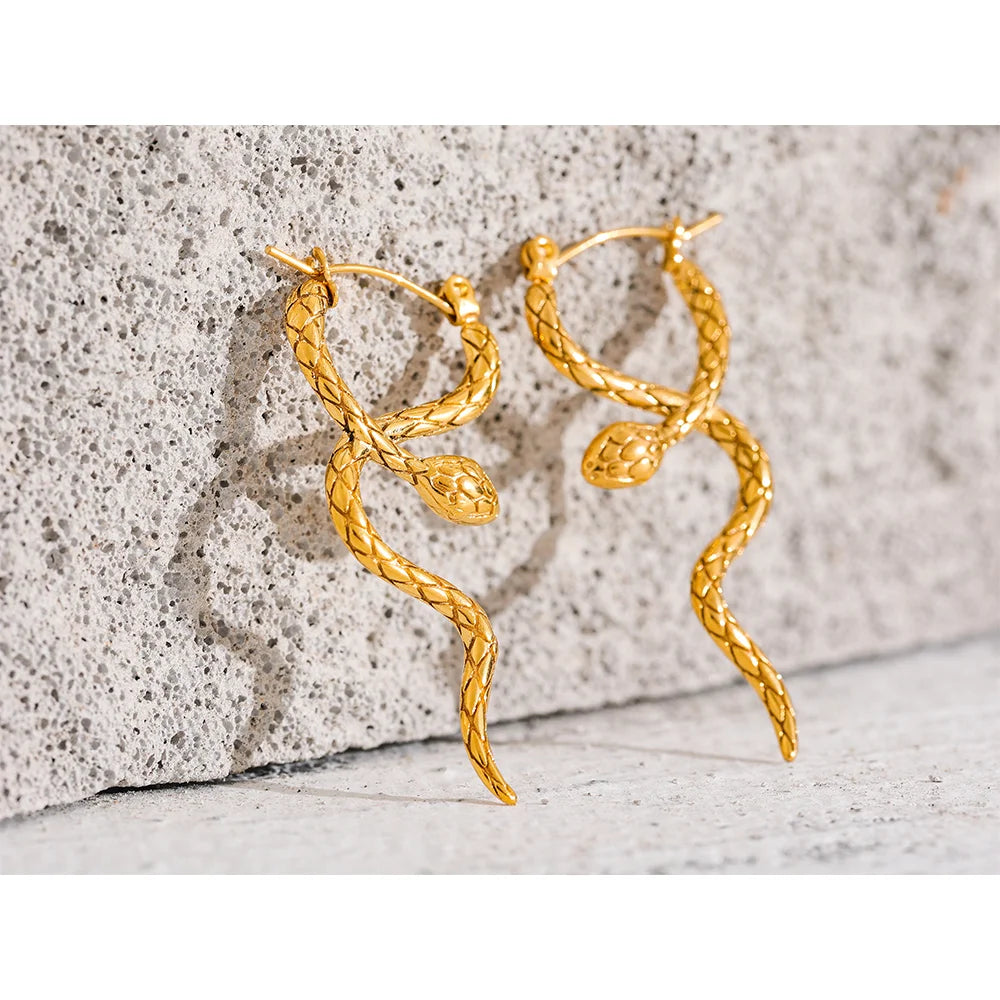 Gold a earrings with unique snake hoop statement finish