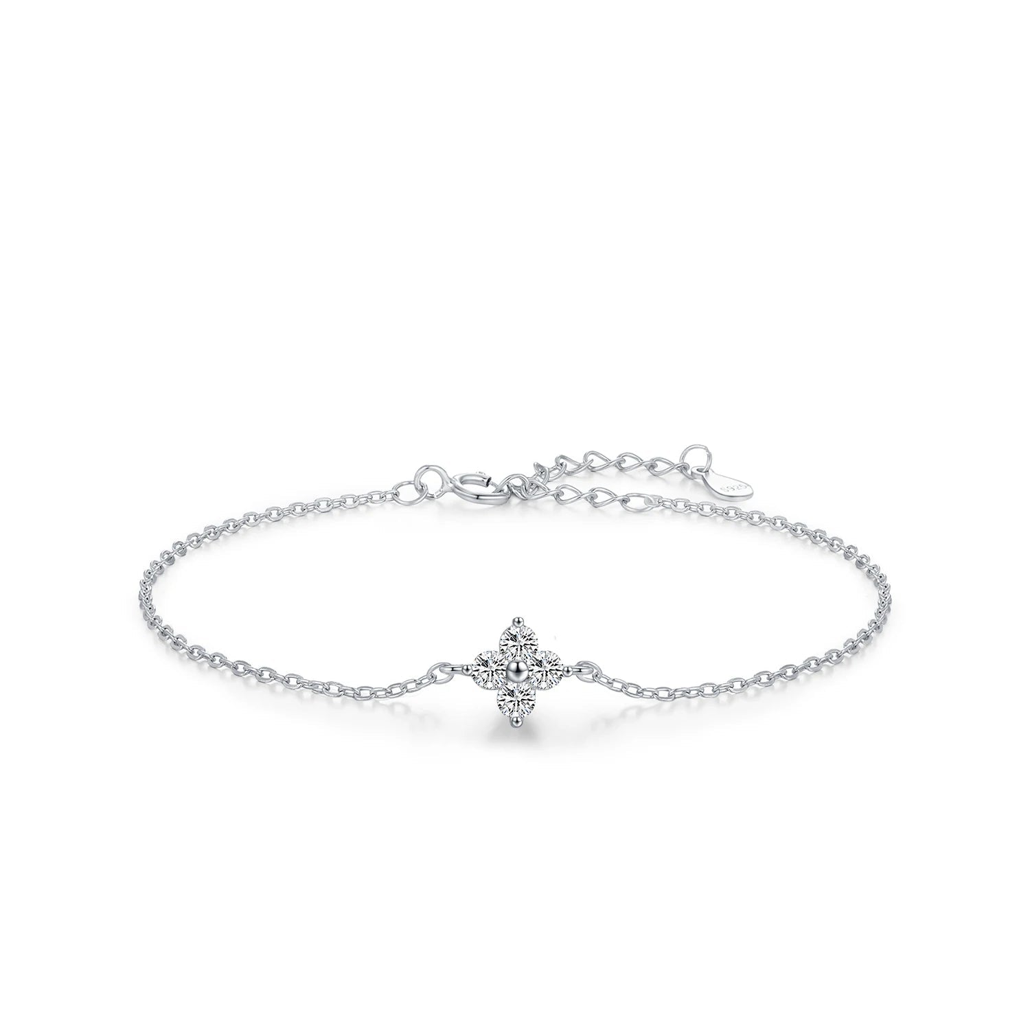 White gold bracelet clover layered with another bracelet charm for subtle shine