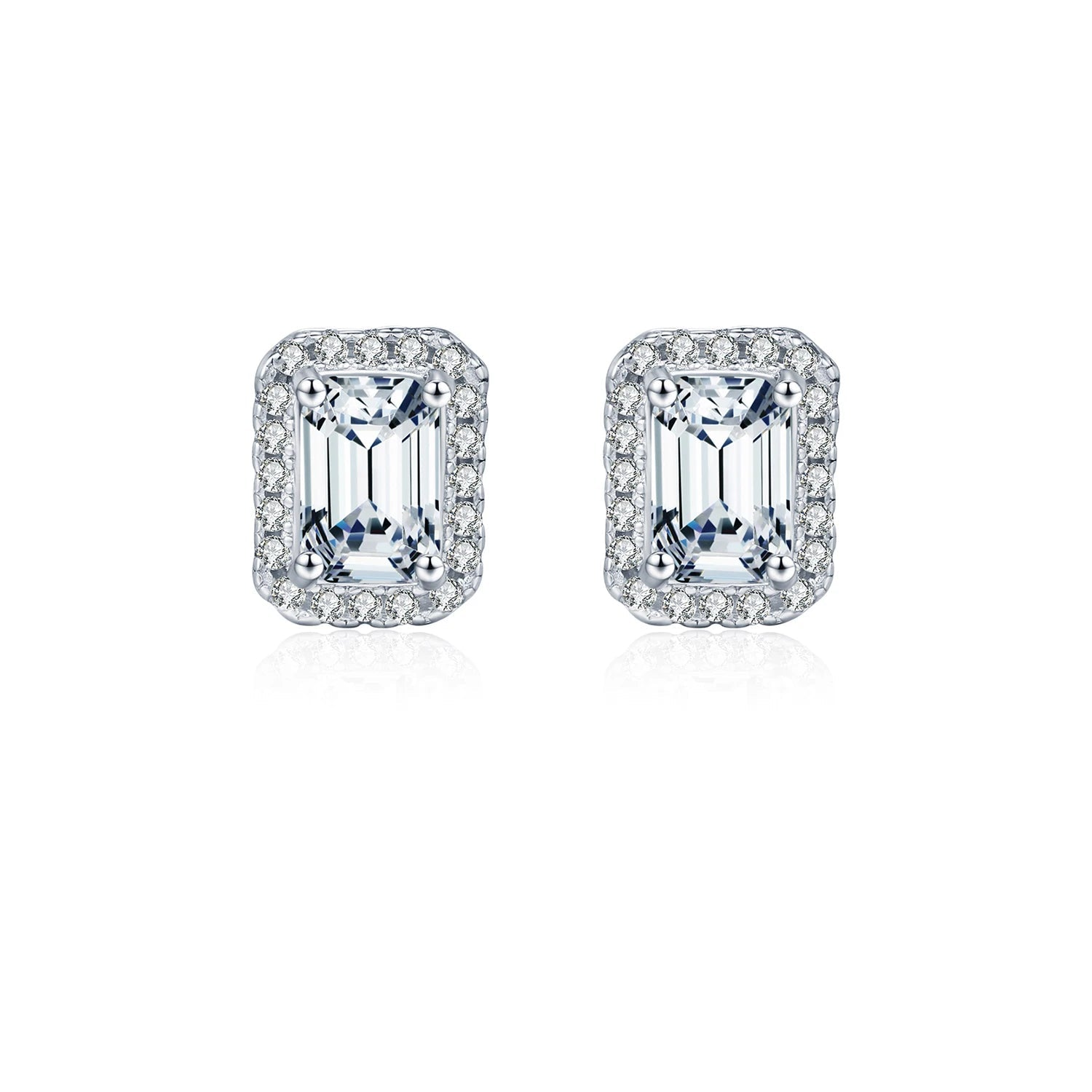 Emerald cut moissanite halo ear studs in 925 sterling silver