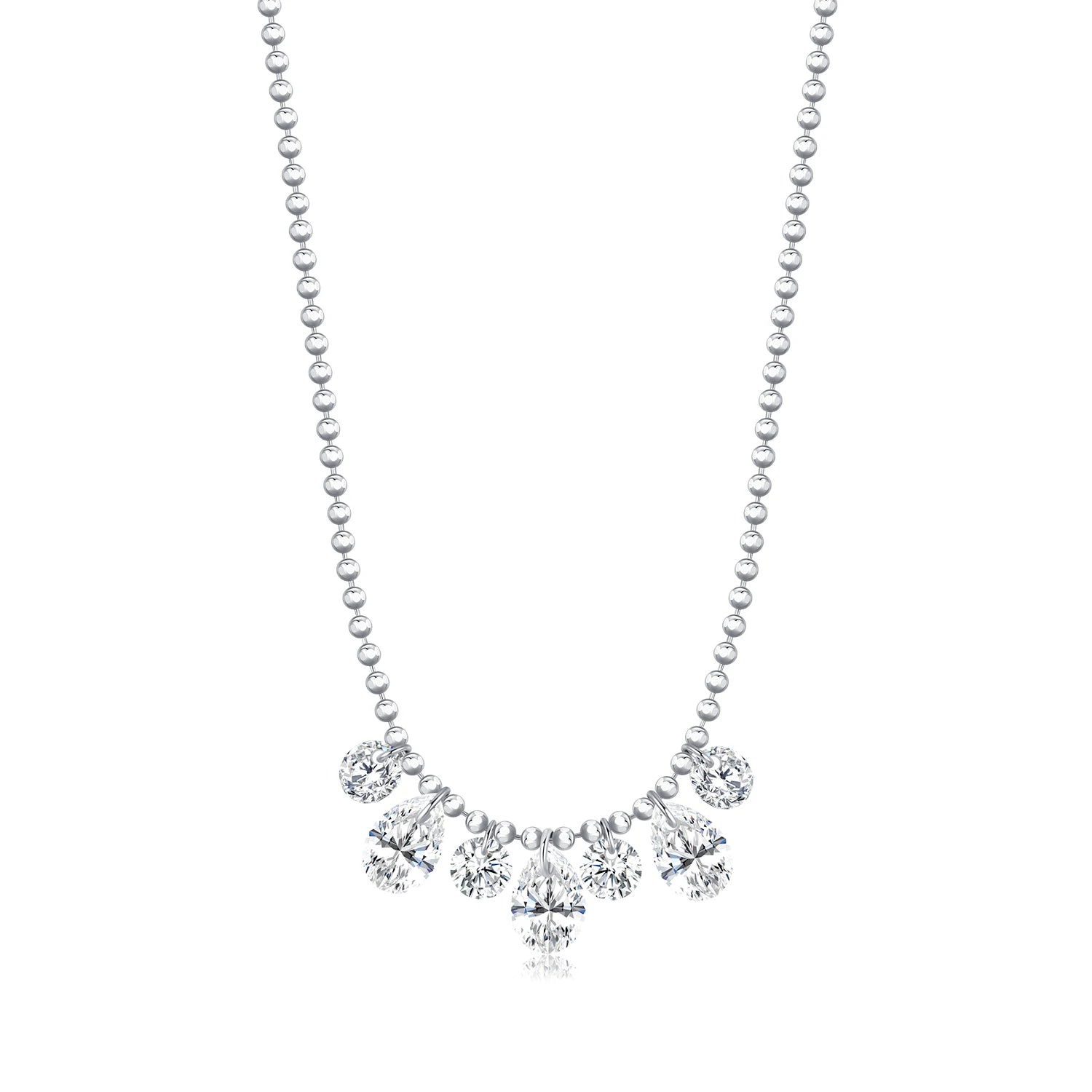 Charm necklace featuring pear cut cz and silver bead chain