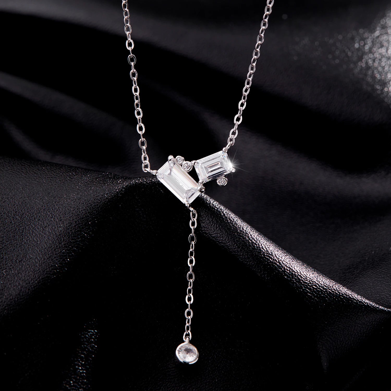 925 sterling silver lariat necklace with rectangle clear CZ