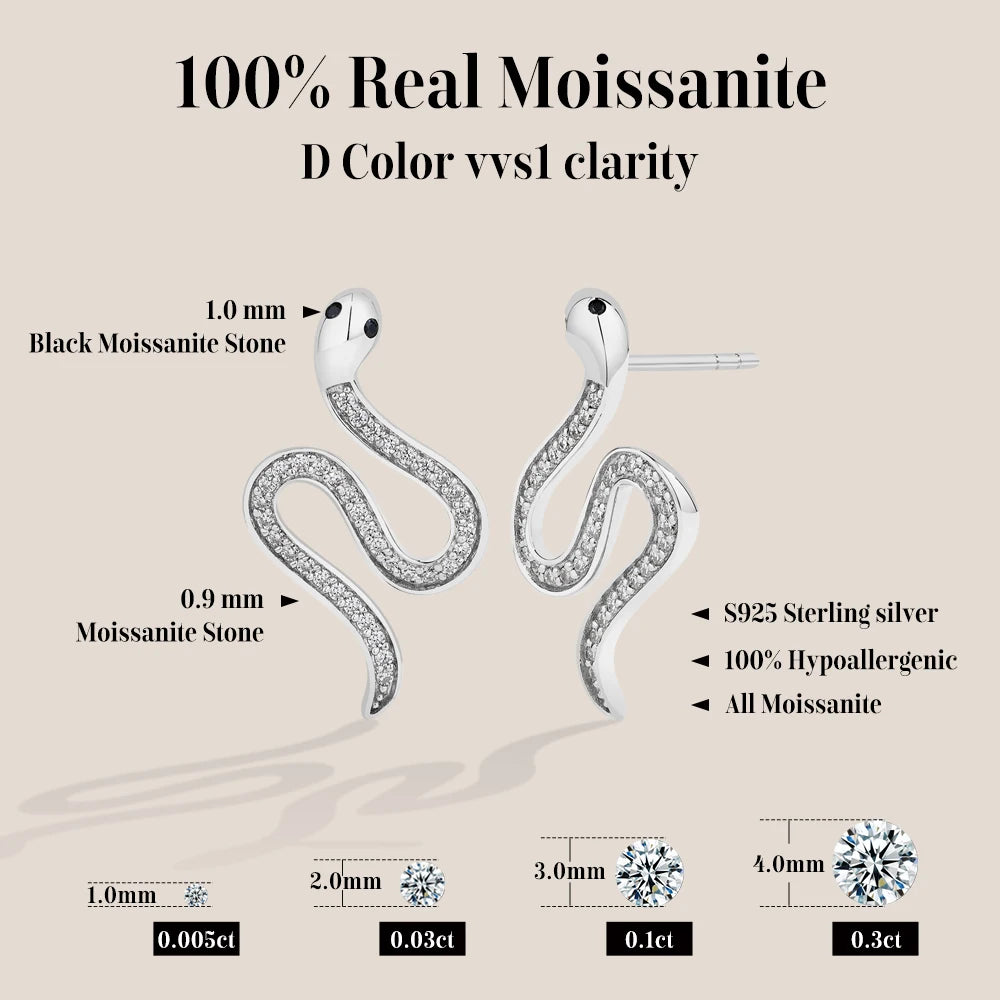 Statement snake moissanite stud earrings in silver finish