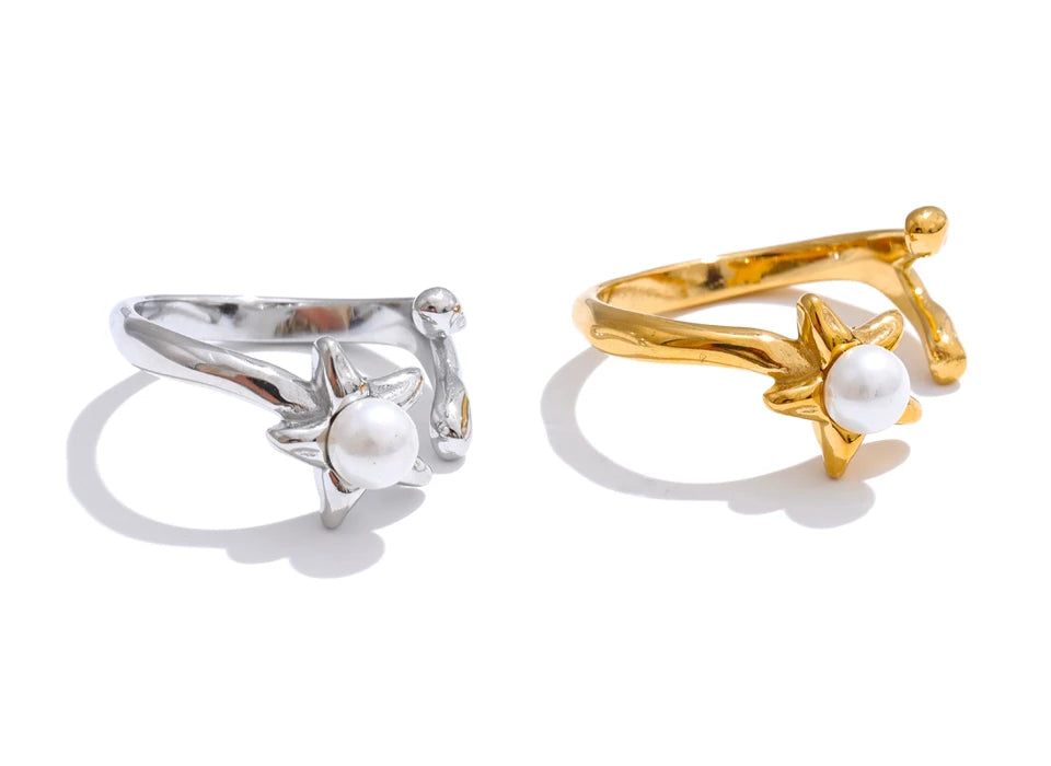 modern gold plated flower ring stainless steel simulated pearl women’s fashion