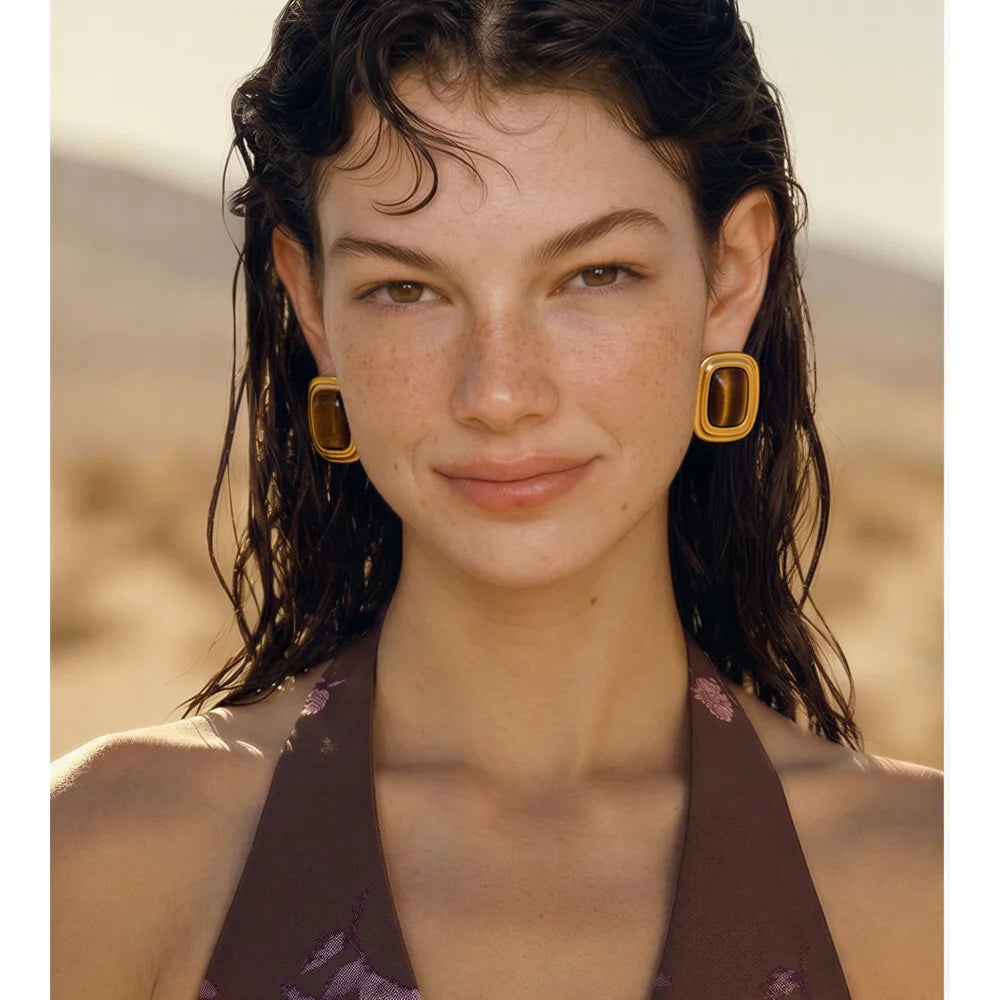 Yhpup Stainless Steel Tiger Stone Square Stud Earrings Waterproof High Quality Temperament Natural Stone Jewelry Cast Technology