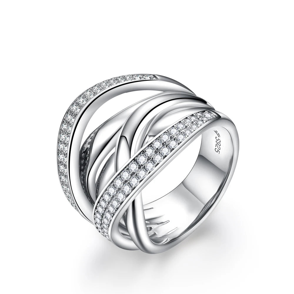 Crossover white gold moissanite ring with moissanite diamonds