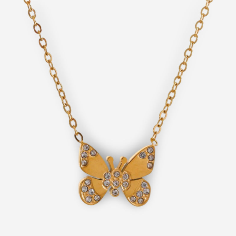 Butterfly charm water-resistant necklace in gold tone stainless steel