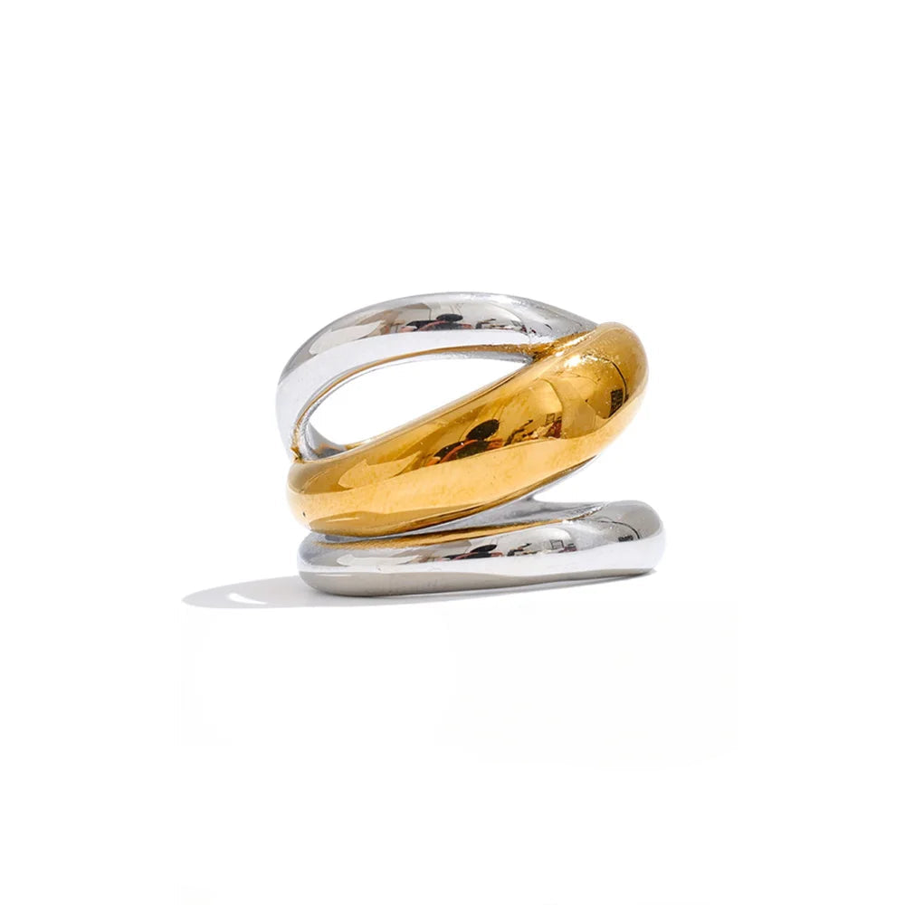 Gold plated layered geometric statement ring in stainless steel