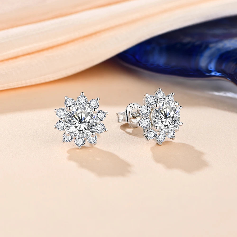 Close view of diamond earrings sparkle with moissanite diamond center stones