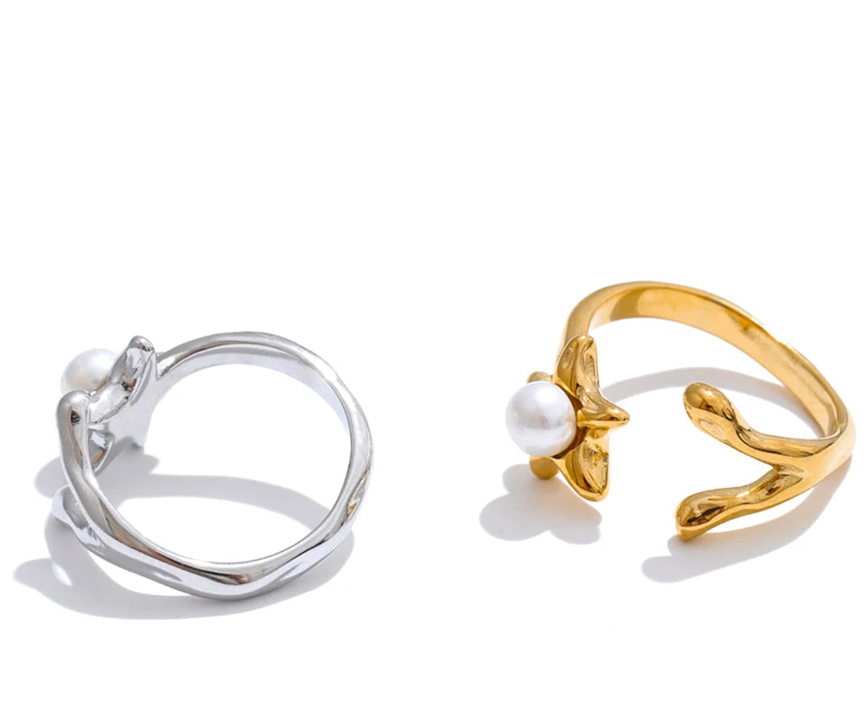 minimalist gold plated flower open ring with simulated pearl for women