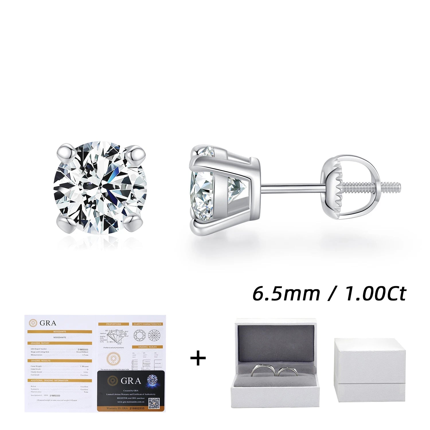 Gift box display of 1CT moissanite earrings in 925 sterling silver