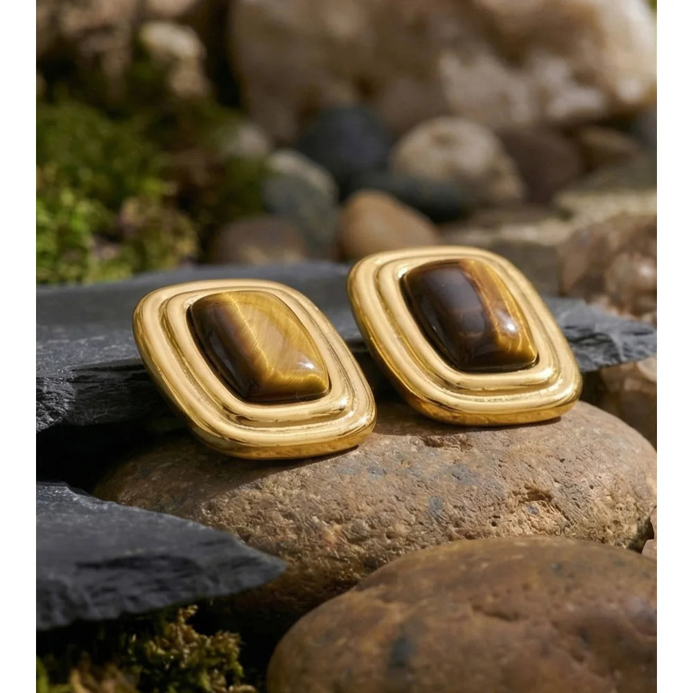 Yhpup Stainless Steel Tiger Stone Square Stud Earrings Waterproof High Quality Temperament Natural Stone Jewelry Cast Technology