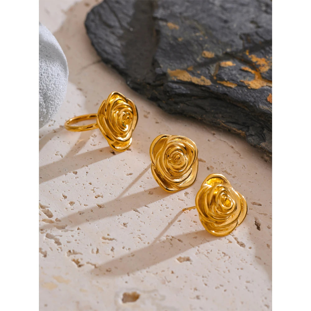 Side angle of flower earrings styled as earrings gold earrings for daily wear