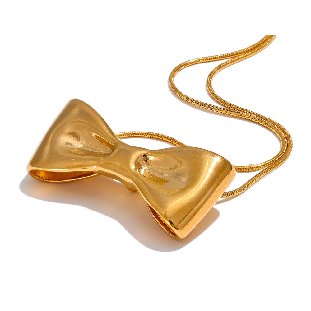 Gold finish stainless steel bow knot pendant necklace adjustable chain