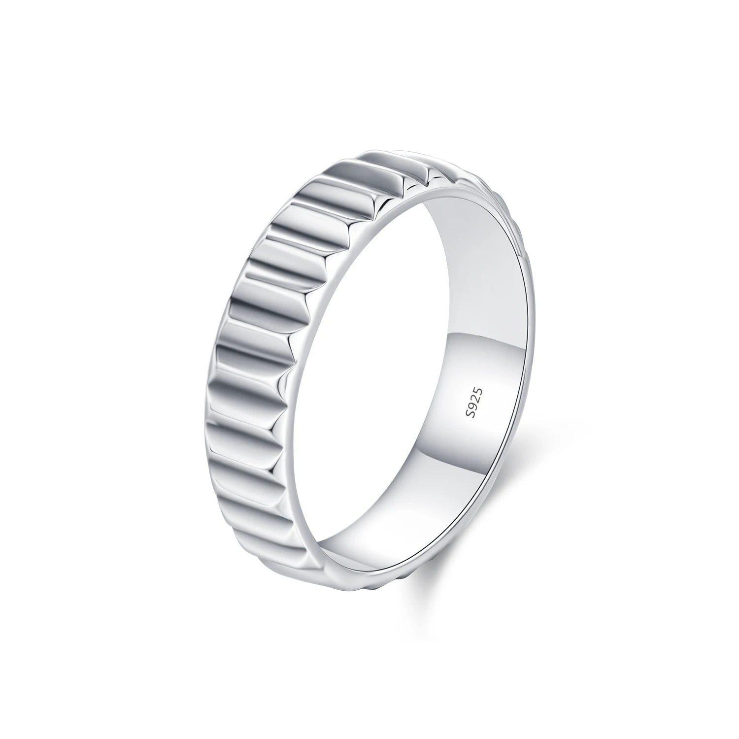 Hand shot highlighting ring size fit on a refined silver ring band