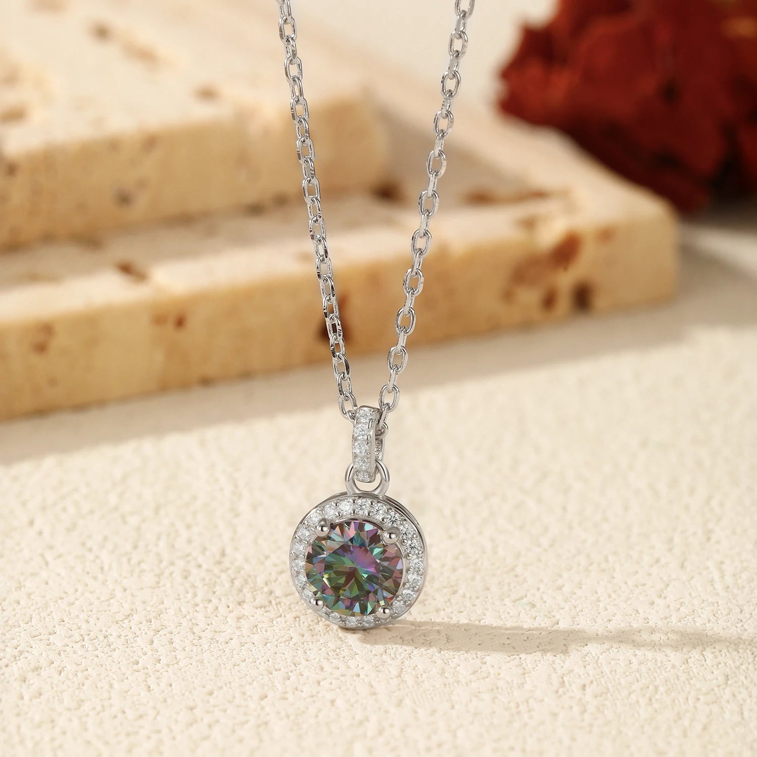 Elegant pendant necklaces with round multicolor moissanite stone for fine jewelry