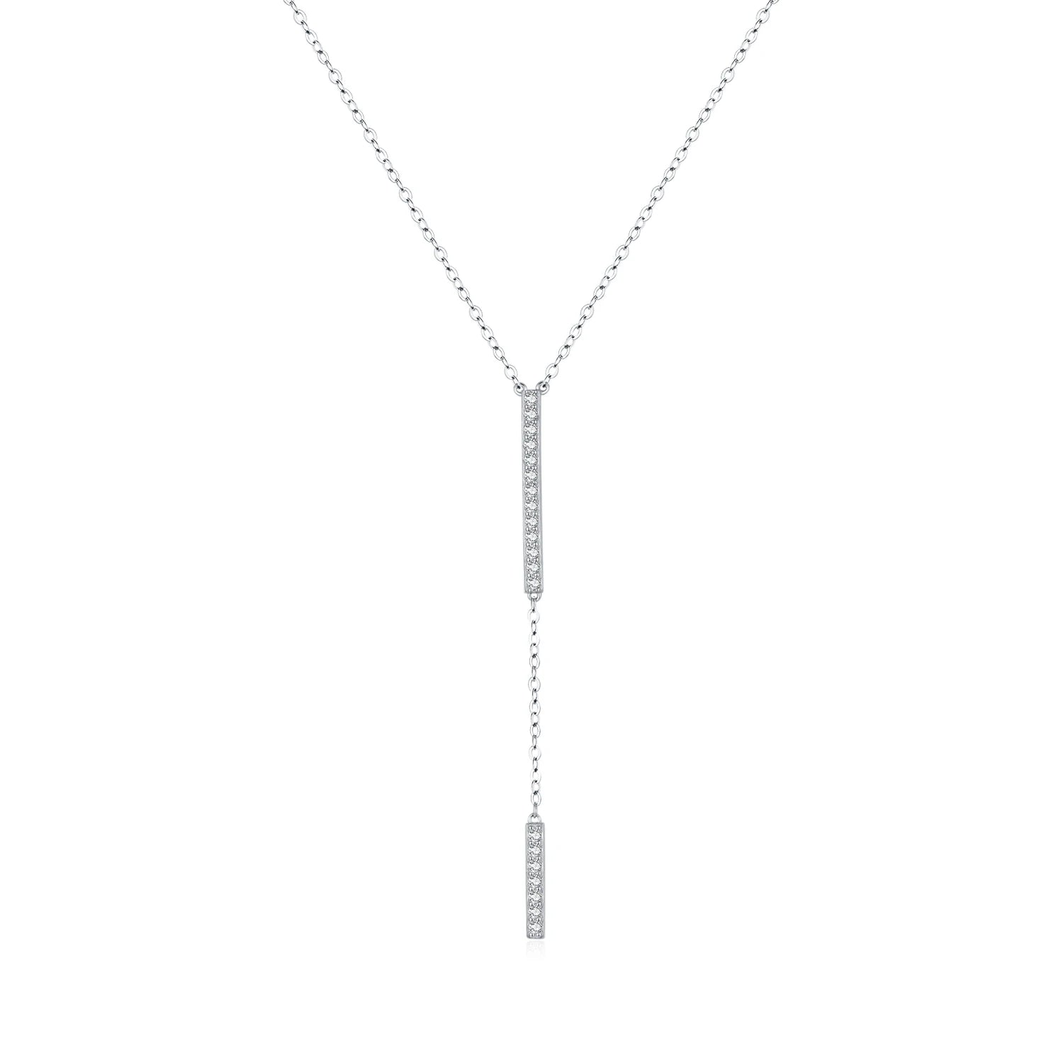 925 sterling silver necklace styled as a sleek lariat necklace with long chain