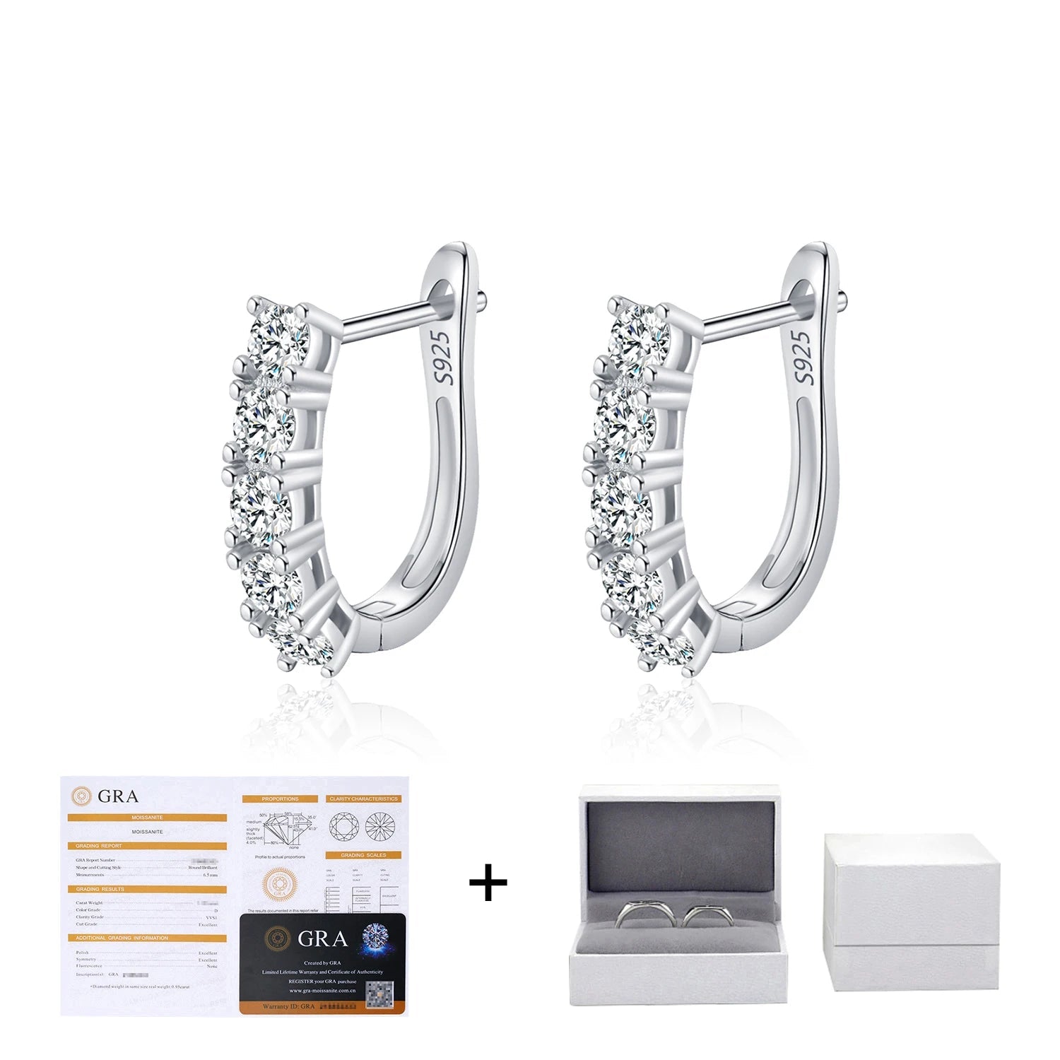 A pair of sterling silver hoop earrings with U-shape design and embedded with VVS1 D color moissanite stones, showing the earrings' high shine and sophistication.