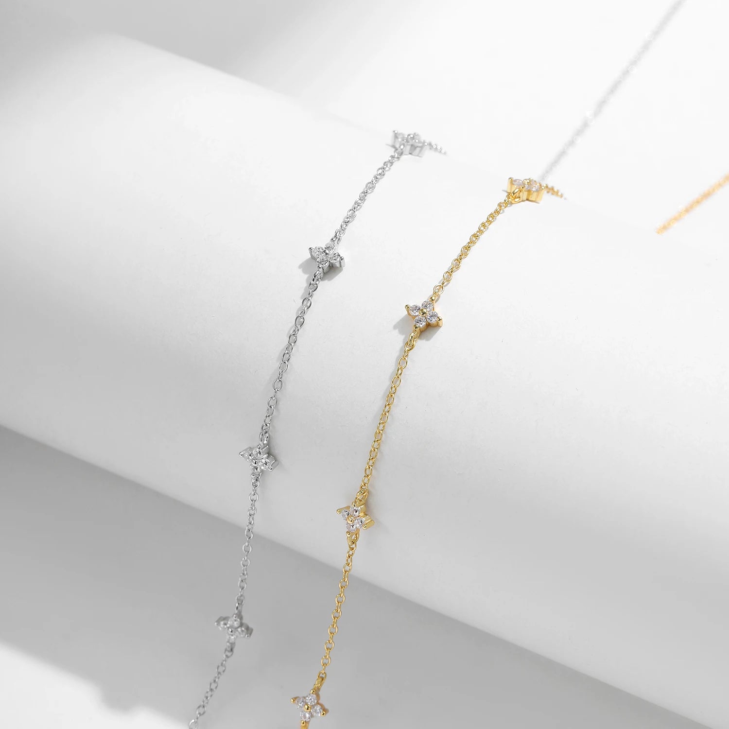 Close up of four clover necklace detail in sterling silver