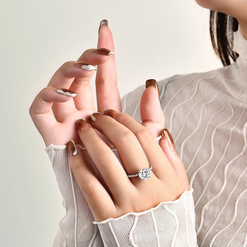 Close view of moissanite diamonds on a refined moissanite ring