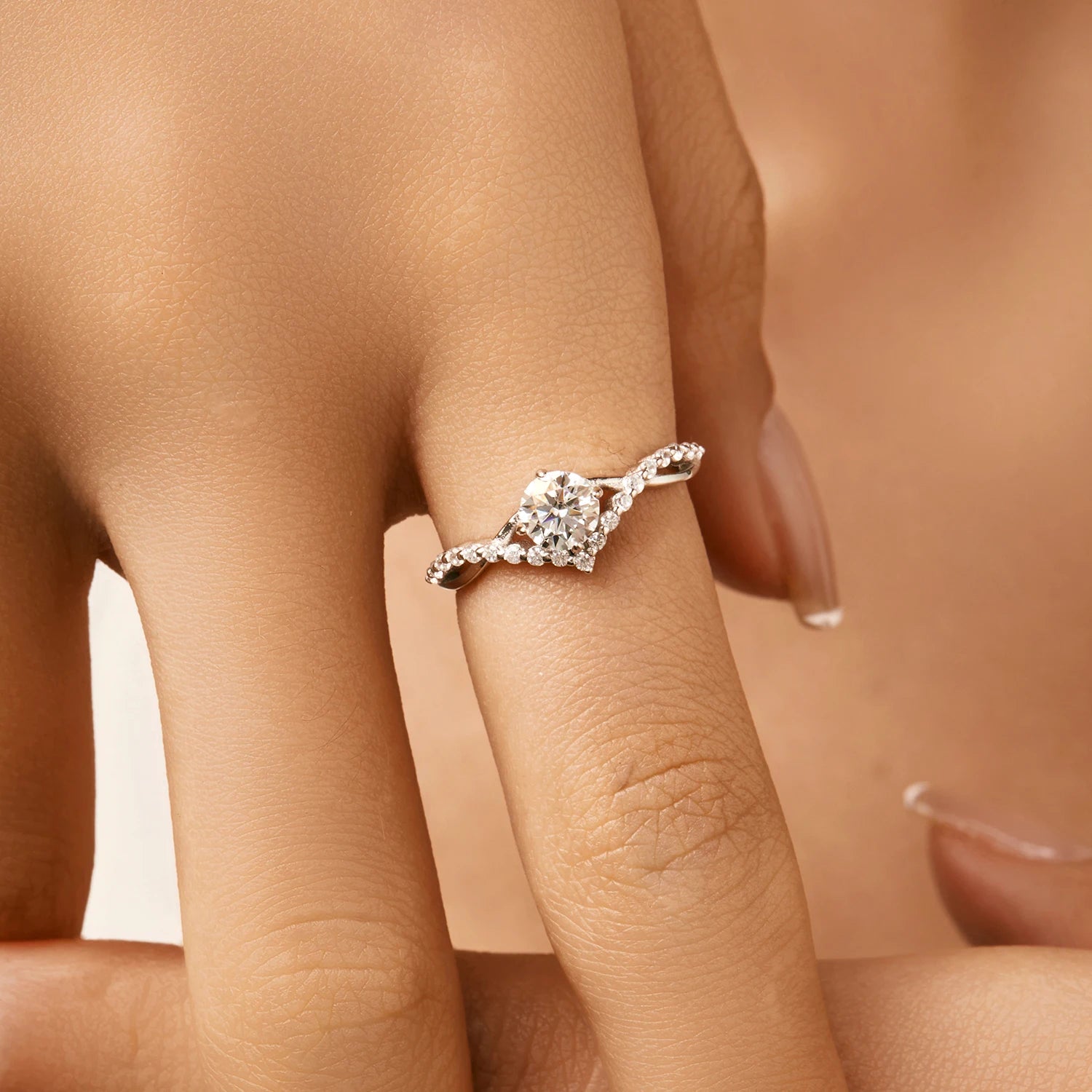 Close view of moissanite jewelry rings sparkle on a silver band