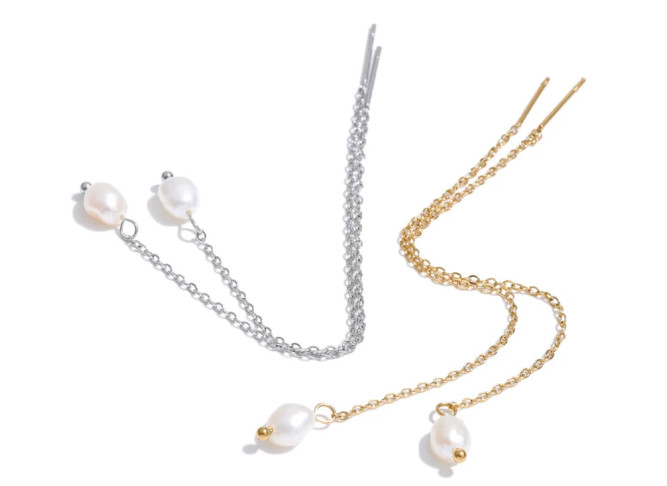 Fashion earrings pearl with long chain silhouette