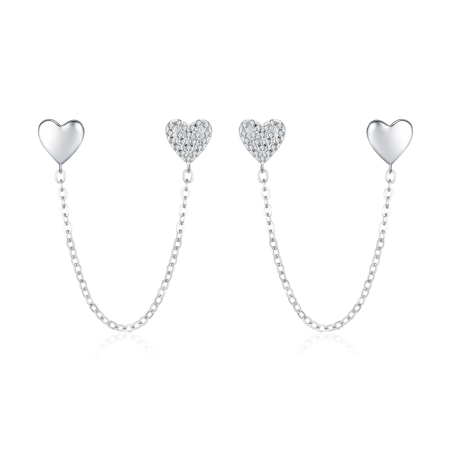 Sterling silver long chain tassel earrings with mirror heart charm swing