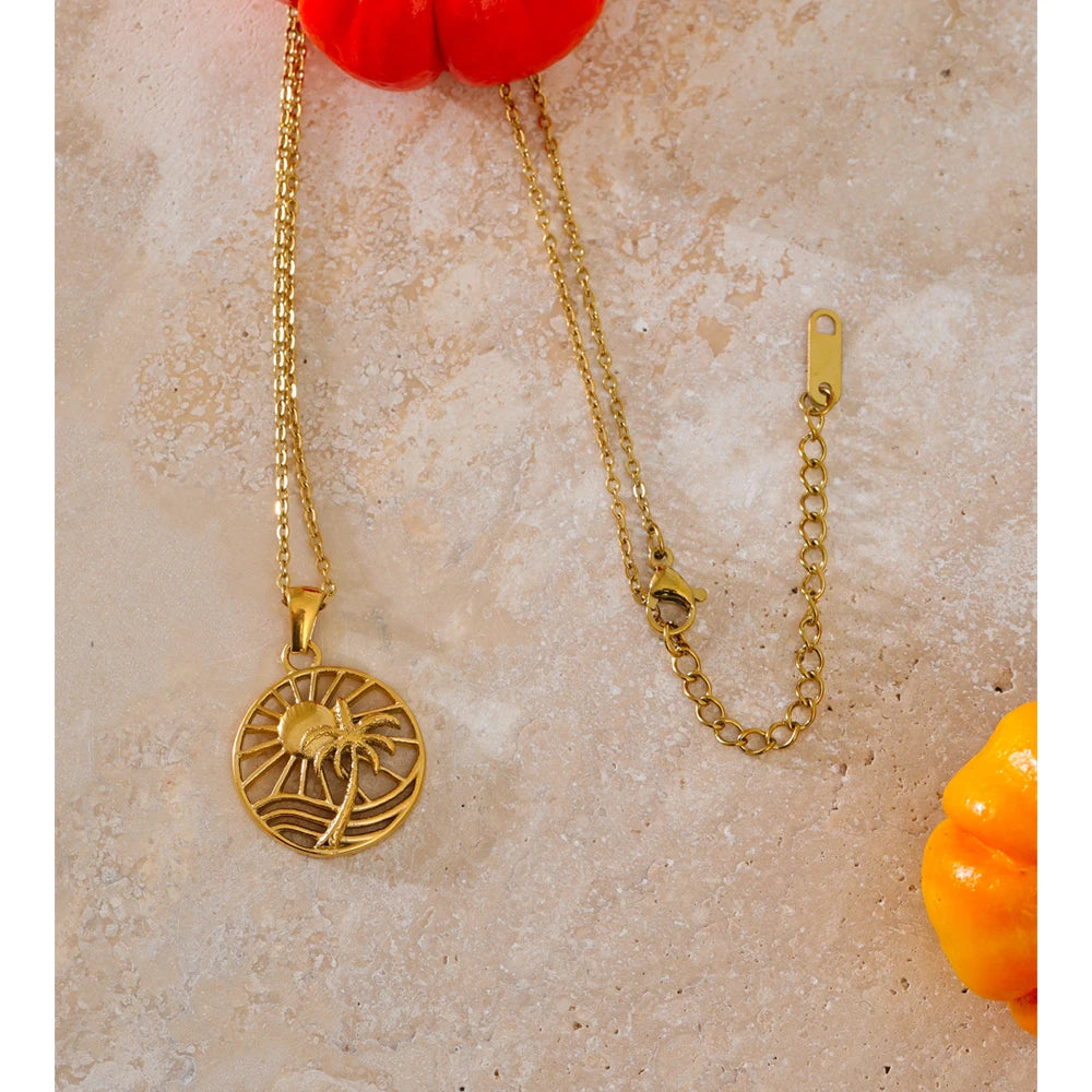 gold plated stainless steel necklace round pendant beach inspired for women