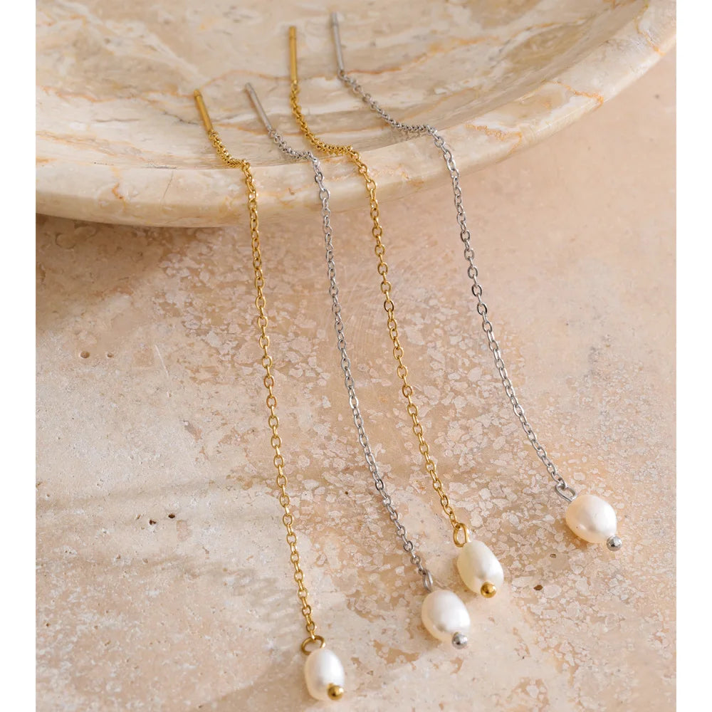 Elegant pearl drop earrings with gold plated long chain design