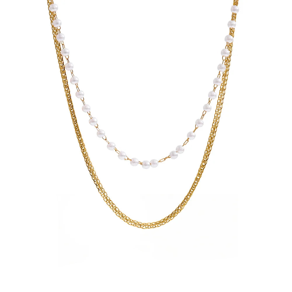 Double layer pearl chain necklace with gold plated finish