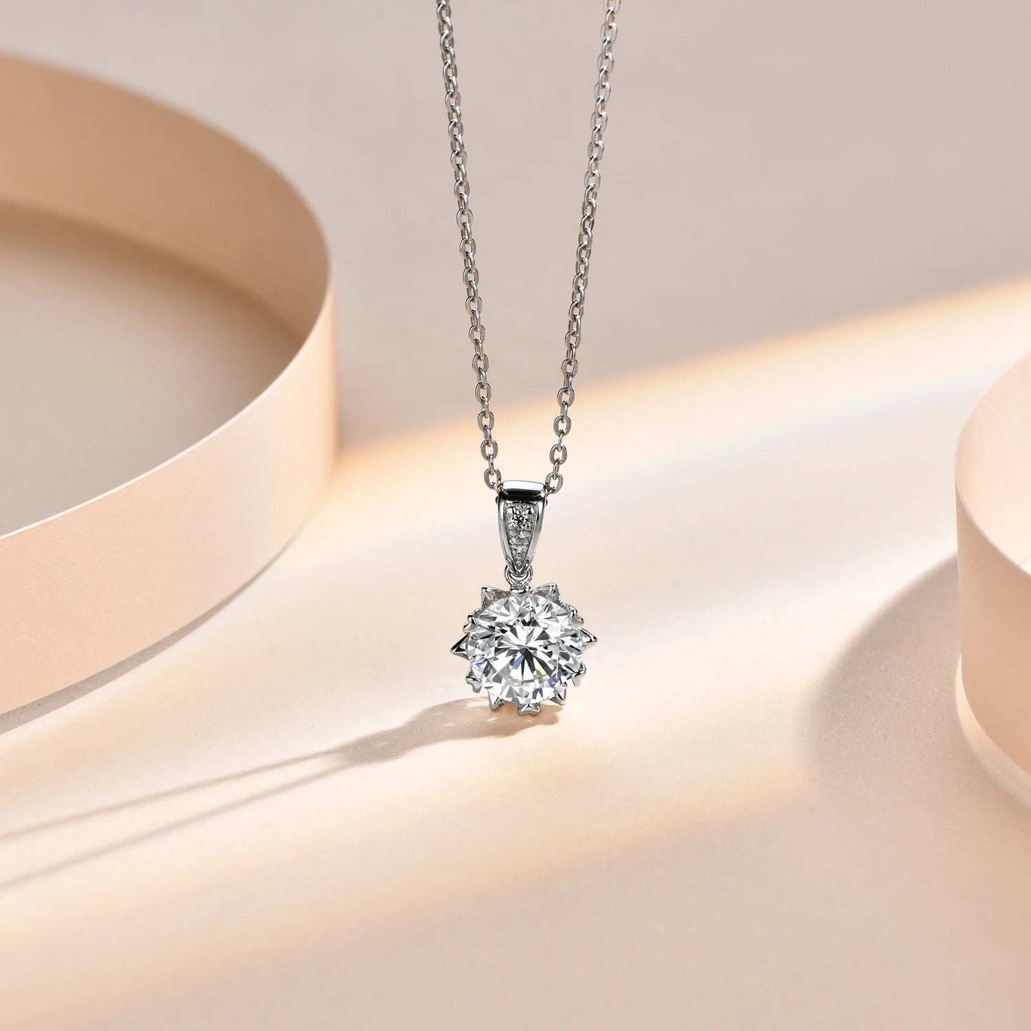 Close up of moissanite jewelry sparkle on a pendant necklace for gifting